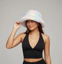 Image 4 of Faux Fur Bucket Hat Festival Rave Plush Pastel Rainbow Statement - 153