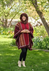 Image 10 of Handwoven Wool Poncho with Faux Fur Hood, Bohemian Tribal Pattern Cape