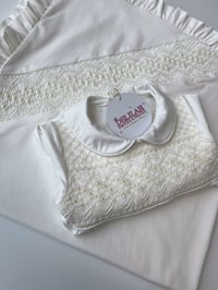 Image 1 of White smocked Babygrow/ Blanket 