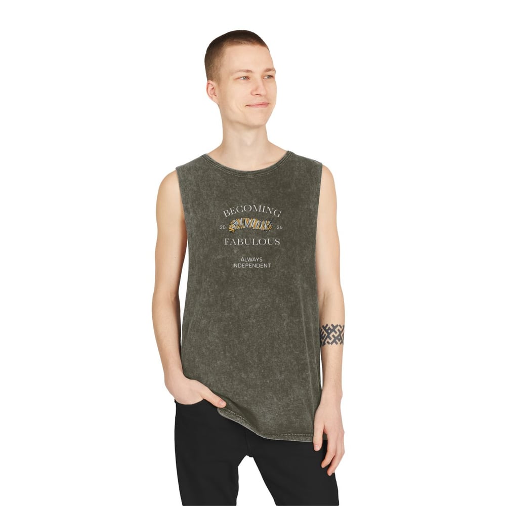 Image of Vintage Stonewash Tank Top — "Becoming Fabulous" Graphic Muscle Tee Caterpillar Original Drawing 