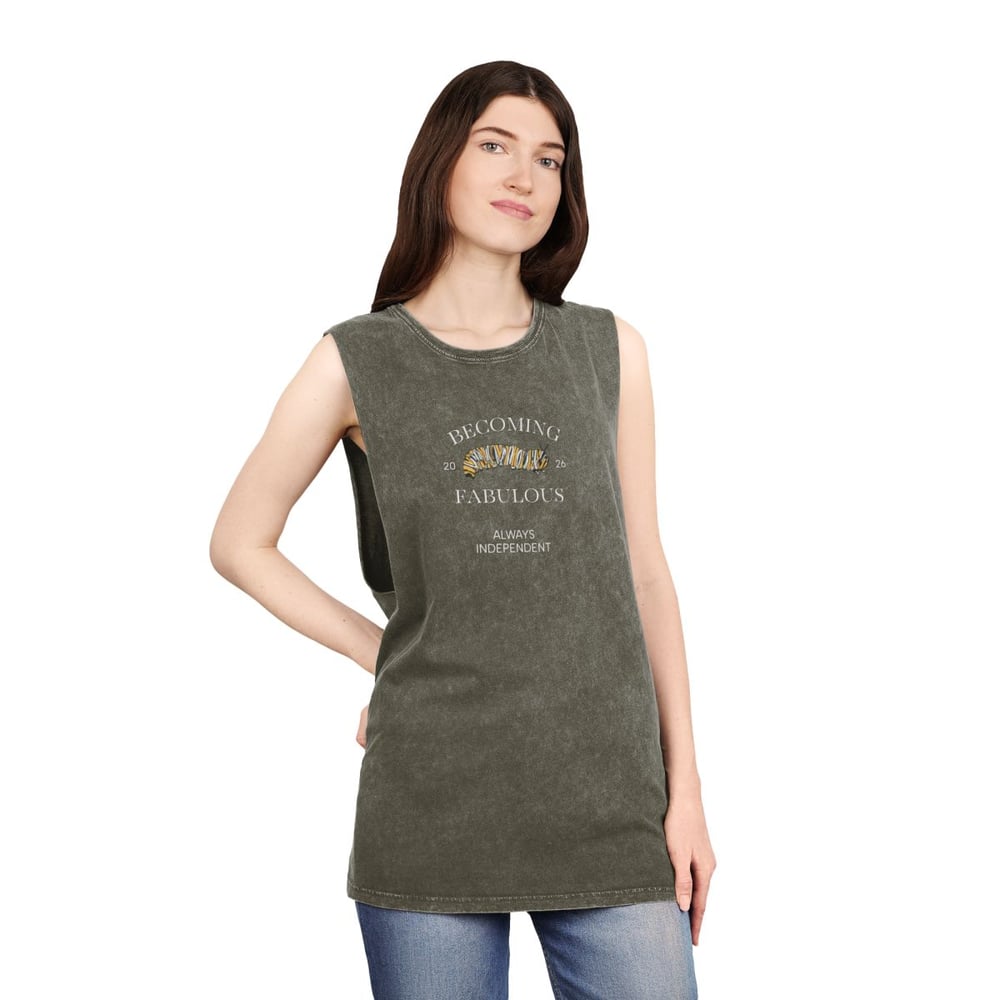 Image of Vintage Stonewash Tank Top — "Becoming Fabulous" Graphic Muscle Tee Caterpillar Original Drawing 