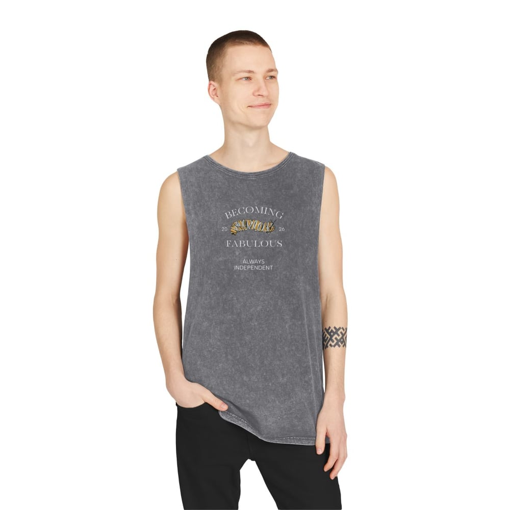 Image of Vintage Stonewash Tank Top — "Becoming Fabulous" Graphic Muscle Tee Caterpillar Original Drawing 
