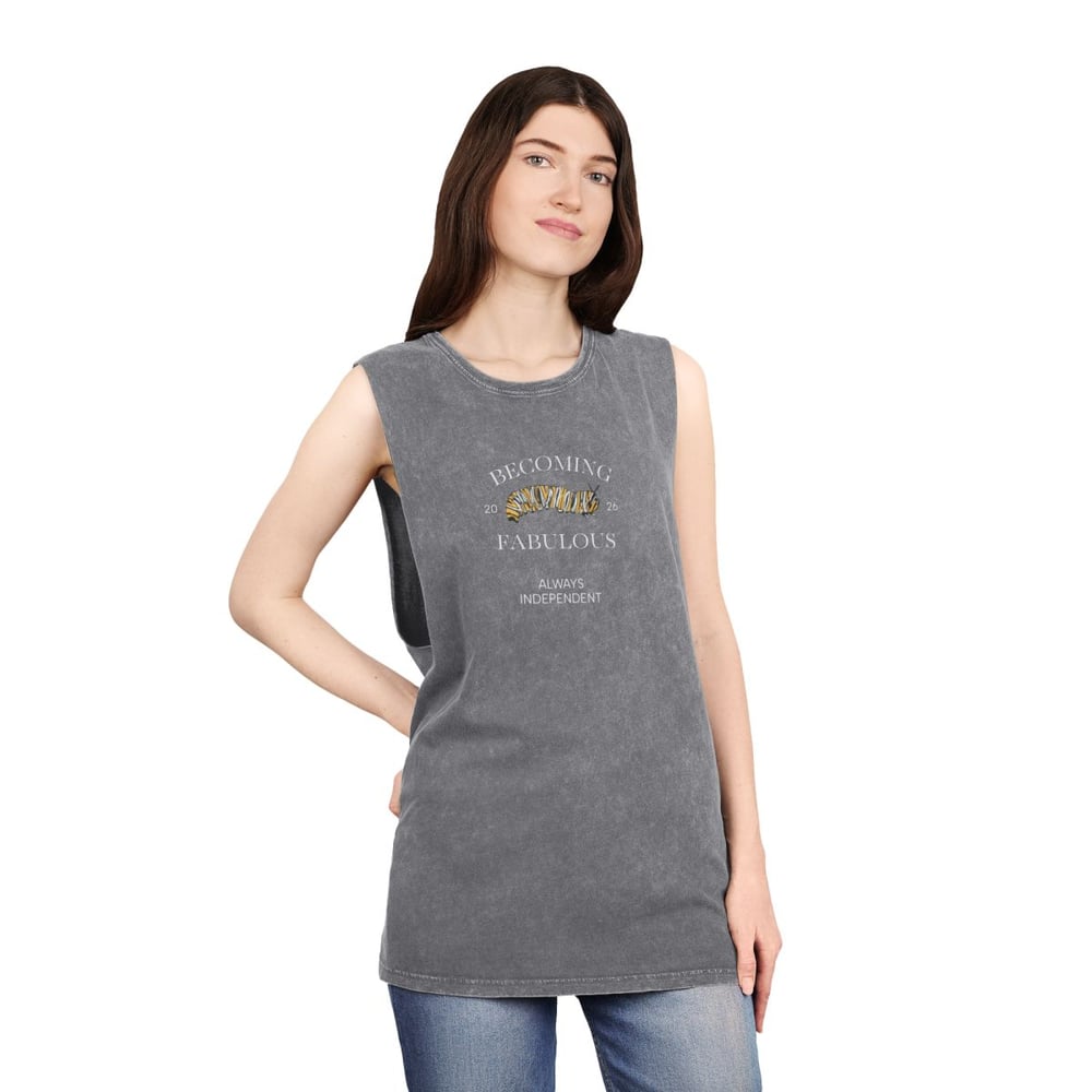 Image of Vintage Stonewash Tank Top — "Becoming Fabulous" Graphic Muscle Tee Caterpillar Original Drawing 