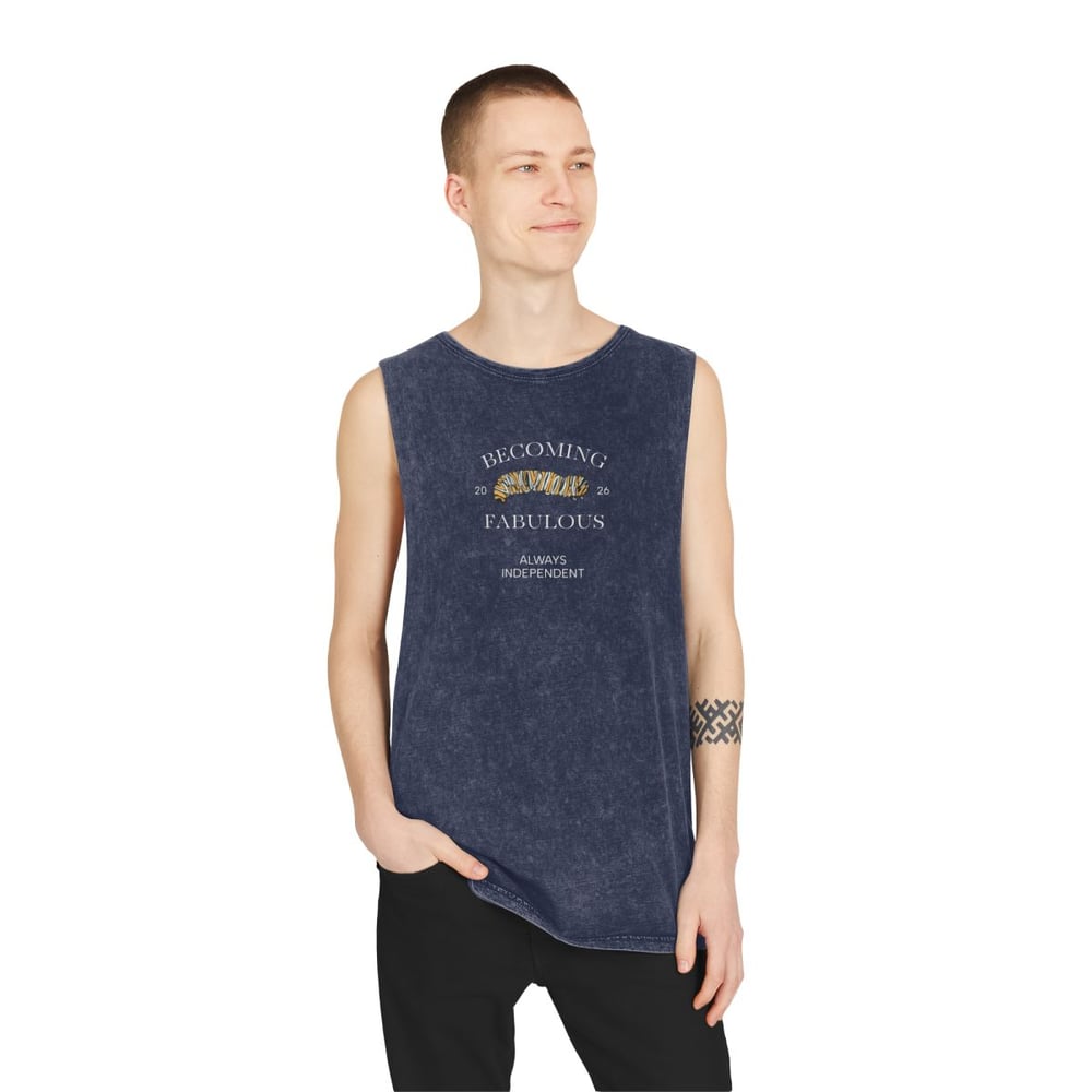 Image of Vintage Stonewash Tank Top — "Becoming Fabulous" Graphic Muscle Tee Caterpillar Original Drawing 