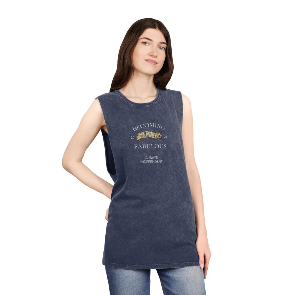 Image of Vintage Stonewash Tank Top — "Becoming Fabulous" Graphic Muscle Tee Caterpillar Original Drawing 