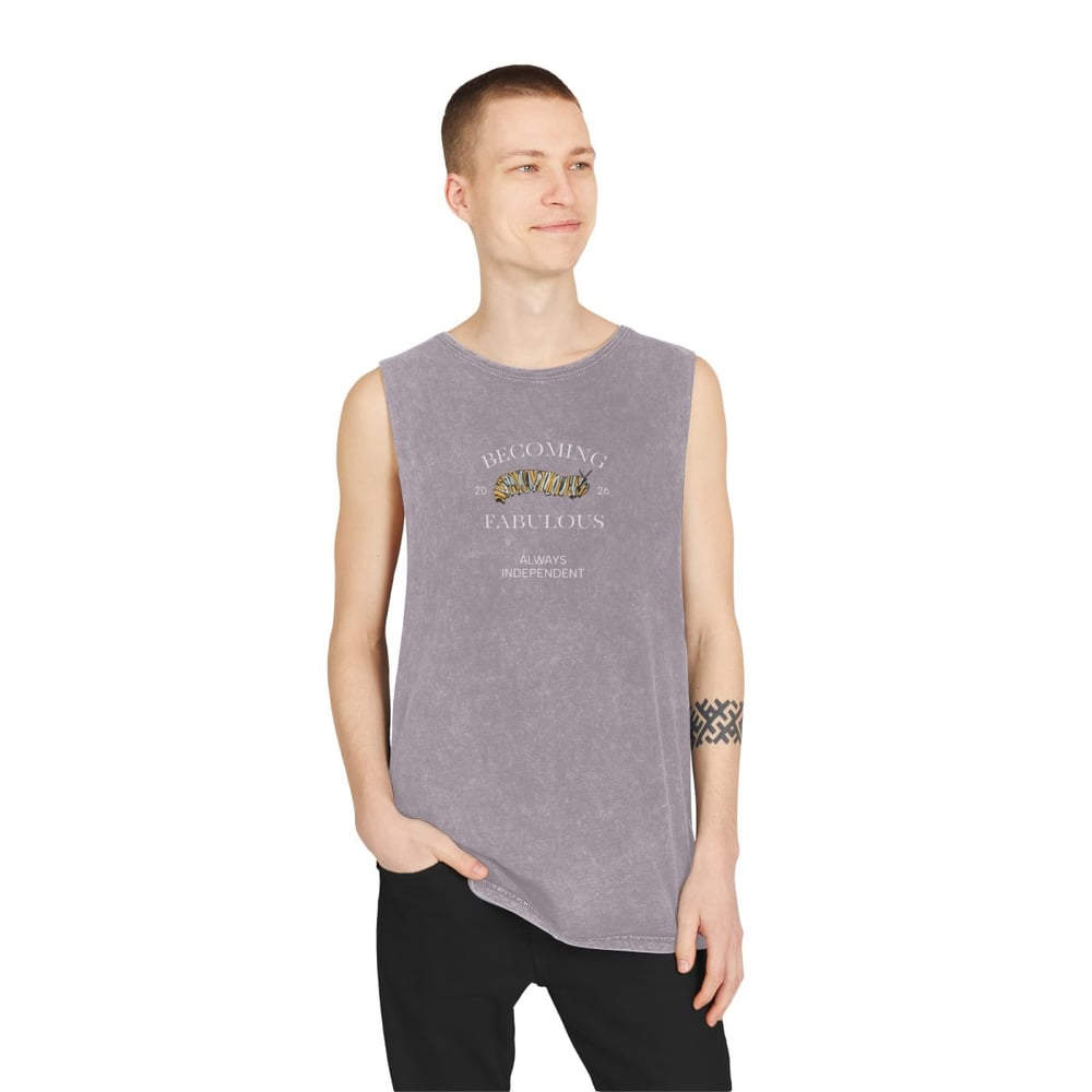 Image of Vintage Stonewash Tank Top — "Becoming Fabulous" Graphic Muscle Tee Caterpillar Original Drawing 