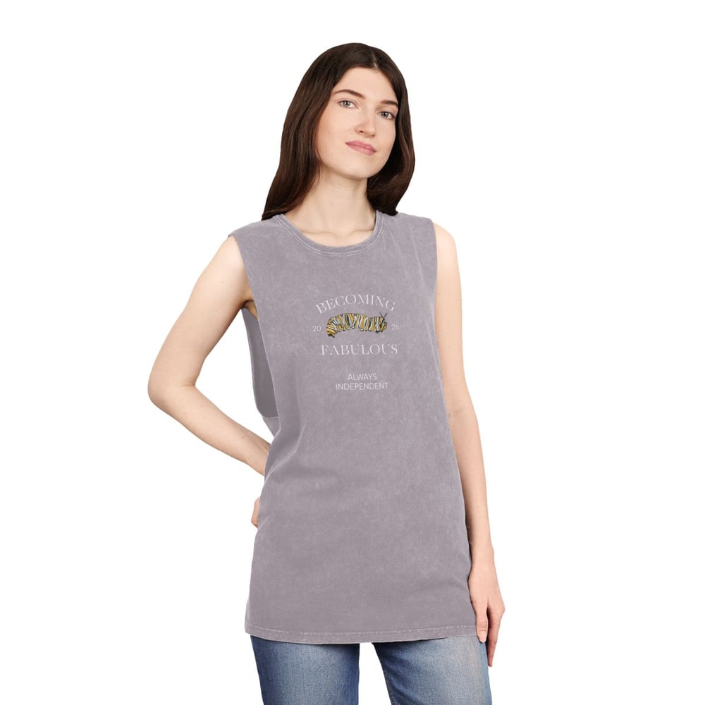 Image of Vintage Stonewash Tank Top — "Becoming Fabulous" Graphic Muscle Tee Caterpillar Original Drawing 
