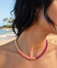 Image 1 of Mismatched pink stone and gold necklace 