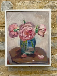 Image 7 of Pink roses in mustard jar on table