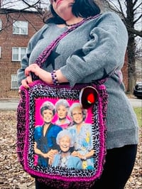 Image 3 of  Handmade Lined Upcycled Crochet Golden Girls T-Shirt Tote Bag With Cheesecake Bag Charm 