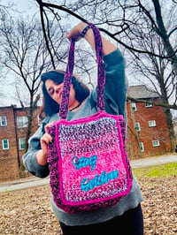 Image 4 of  Handmade Lined Upcycled Crochet Golden Girls T-Shirt Tote Bag With Cheesecake Bag Charm 