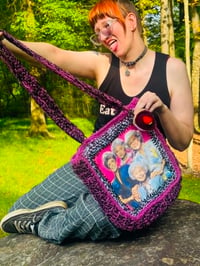 Image 2 of  Handmade Lined Upcycled Crochet Golden Girls T-Shirt Tote Bag With Cheesecake Bag Charm 