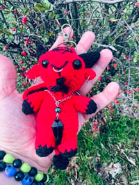 Image 2 of  Micro crochet Baphomet Bag Charm- Red and Black Amigurumi Goat Keychain 