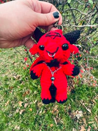 Image 1 of  Micro crochet Baphomet Bag Charm- Red and Black Amigurumi Goat Keychain 