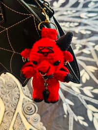 Image 4 of  Micro crochet Baphomet Bag Charm- Red and Black Amigurumi Goat Keychain 
