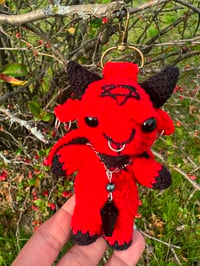 Image 3 of  Micro crochet Baphomet Bag Charm- Red and Black Amigurumi Goat Keychain 