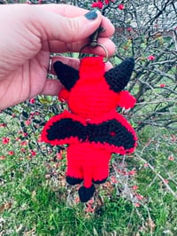 Image 5 of  Micro crochet Baphomet Bag Charm- Red and Black Amigurumi Goat Keychain 