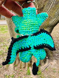 Image 2 of  Micro Crochet Cthulhu Cat Bag Charm- Green Meowthulu Purse Accessory-100% Cotton Yarn 