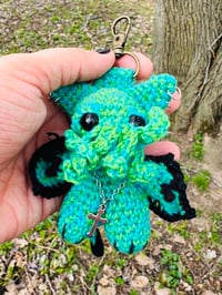 Image 3 of  Micro Crochet Cthulhu Cat Bag Charm- Green Meowthulu Purse Accessory-100% Cotton Yarn 