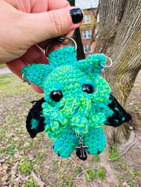 Image 5 of  Micro Crochet Cthulhu Cat Bag Charm- Green Meowthulu Purse Accessory-100% Cotton Yarn 