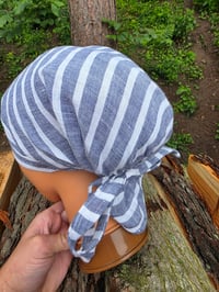 Image 2 of Upcycled Linen Tie Tichel in Navy Stripes 