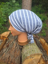 Image 1 of Upcycled Linen Tie Tichel in Navy Stripes 