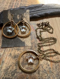 Image 14 of Crystal Quartz Star Brass hoops earrings and necklace . Cosmos series
