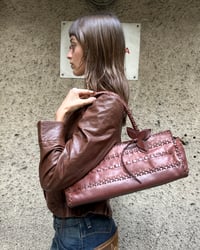 Image 2 of BROWN LEATHER FLOWER MOTIF BAG
