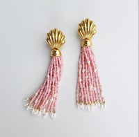 Image 1 of Vintage Shell Pink Tassel and Pearl Earrings