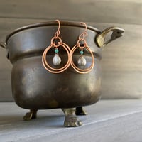 Image 2 of Hand forged copper, pyrite and turquoise earrings