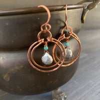 Image 1 of Hand forged copper, pyrite and turquoise earrings