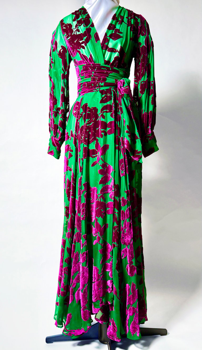 LIMITED EDITION Silk Velvet Burnout "Beverly" Dressing Gown, Green/Magenta