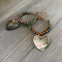 Image 2 of Black lip shell hearts on wire wrapped copper hoops
