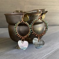Image 3 of Black lip shell hearts on wire wrapped copper hoops