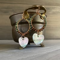 Image 1 of Black lip shell hearts on wire wrapped copper hoops