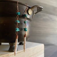 Image 1 of Turquoise and pale peach biwa stick pearl earrings