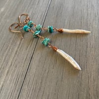 Image 2 of Turquoise and pale peach biwa stick pearl earrings