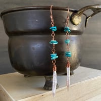 Image 3 of Turquoise and pale peach biwa stick pearl earrings