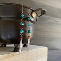 Image 4 of Turquoise and pale peach biwa stick pearl earrings