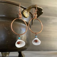 Image 1 of Pearl, turquoise and shell copper hoop earrings.