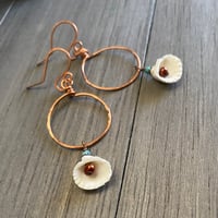 Image 2 of Pearl, turquoise and shell copper hoop earrings.