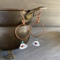 Image 3 of Pearl, turquoise and shell copper hoop earrings.