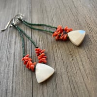 Image 3 of Jade, peach coral and mother of pearl dangle earrings