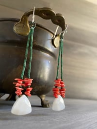 Image 4 of Jade, peach coral and mother of pearl dangle earrings