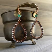 Image 1 of Turquoise and pearl-wrapped copper tear drop earrings