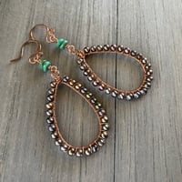 Image 2 of Turquoise and pearl-wrapped copper tear drop earrings