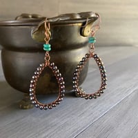 Image 3 of Turquoise and pearl-wrapped copper tear drop earrings