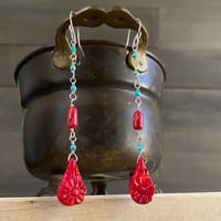 Image 1 of Turquoise, red coral and sterling silver drops