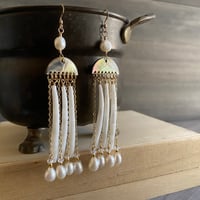 Image 1 of Pearl, dentalium, and black lip shell gold filled earrings