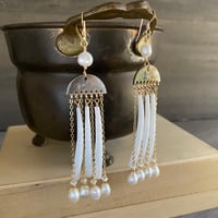 Image 3 of Pearl, dentalium, and black lip shell gold filled earrings